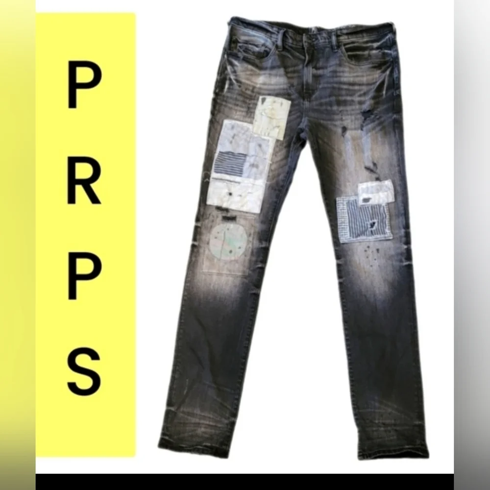PRPS Le Sabre Stretch-Black Fade Destressed Parchwork Slim Fit Size 34